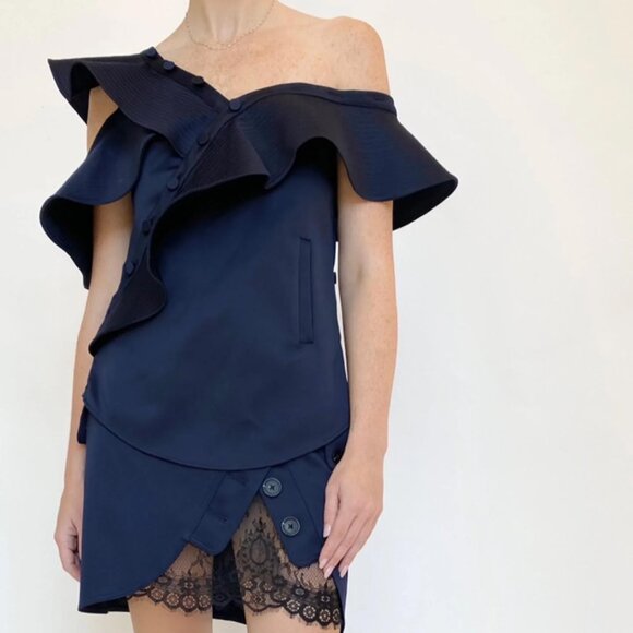 Self-Portrait Satin Off The Shoulder Ruffle Blouse in Navy, size 2 - Picture 8 of 8